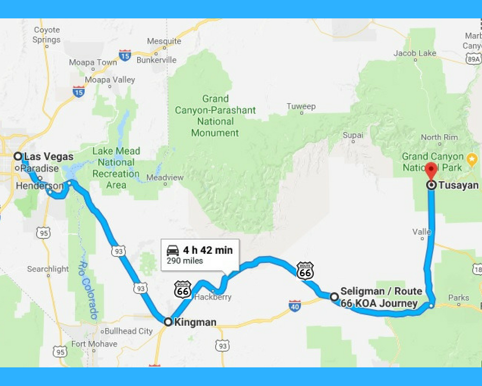 Mapa Las Vegas até o Grand Canyon de carro, passando pela route 66
